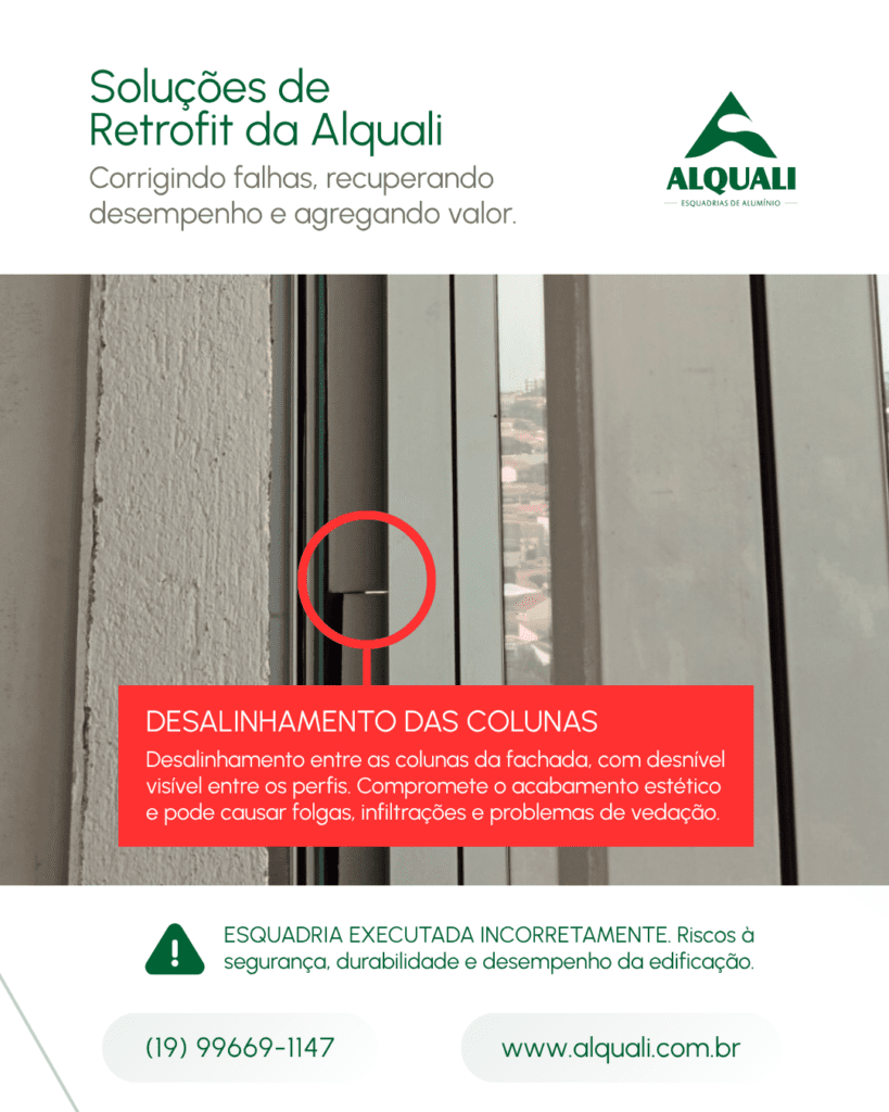 Soluções de Retrofit da Alquali Quando a contratação prioriza apenas o custo inicial, os impactos aparecem com o tempo: infiltrações, falhas de vedação, ruídos excessivos, dificuldade de operação e perda de desempenho da fachada.